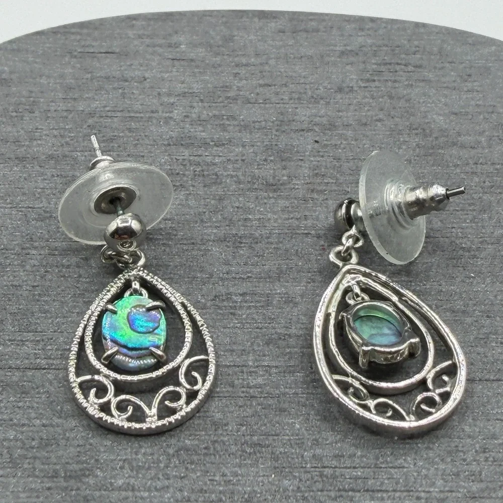 Abalone Shell Teardrop Dangle Earrings Silver Tone Scroll Drop Boho Jewelry